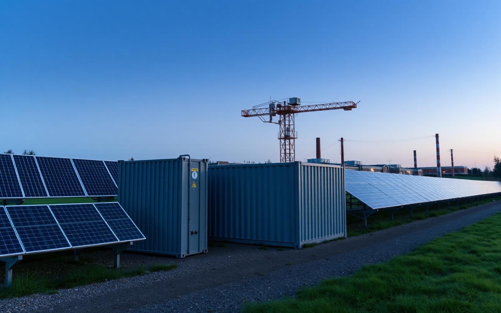 Battery storage containers alongside solar panels at dusk